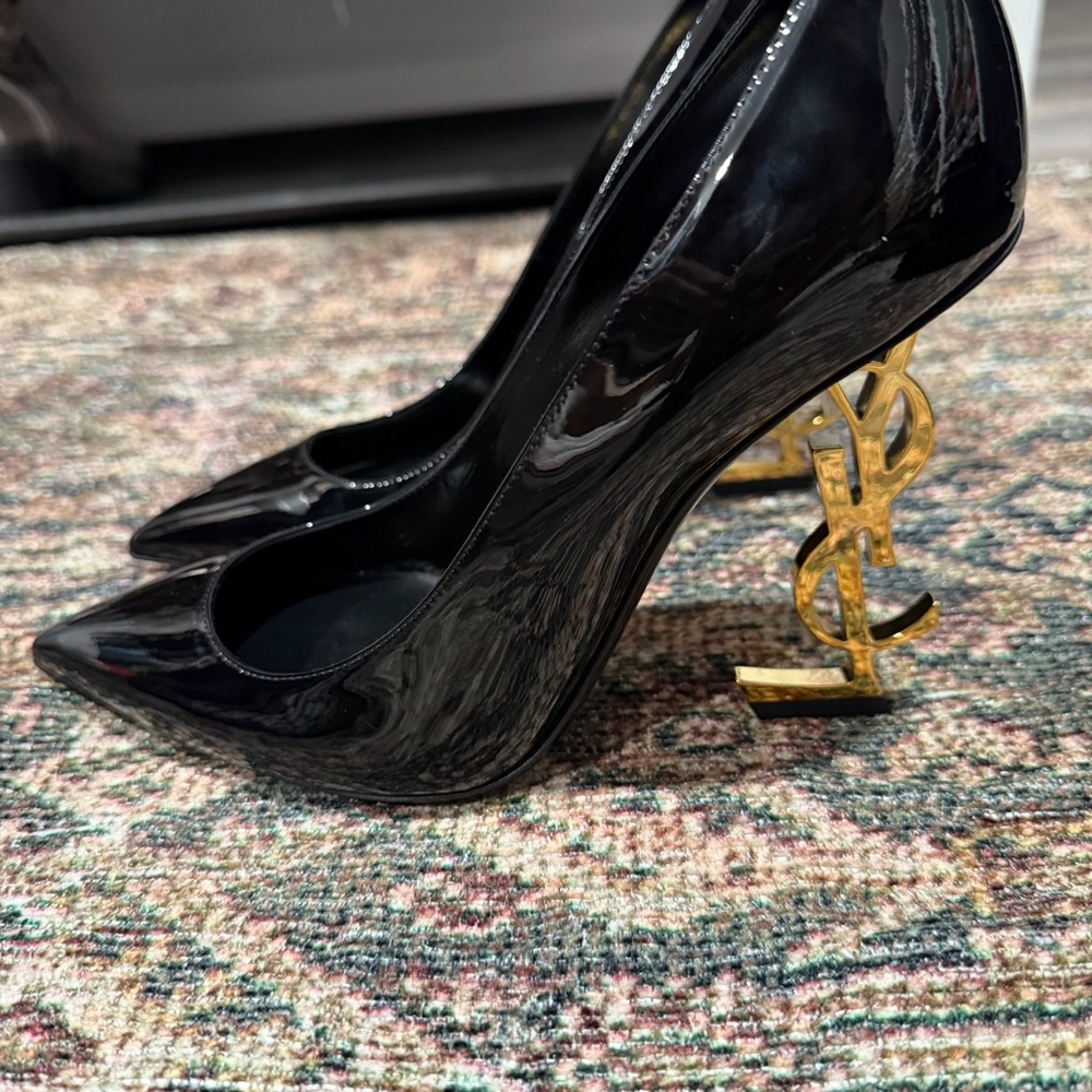 Opyum 110 YSL Black Patent Leather Women's Pumps Heels Gold Detail size 7 NWT - Picture 7 of 12